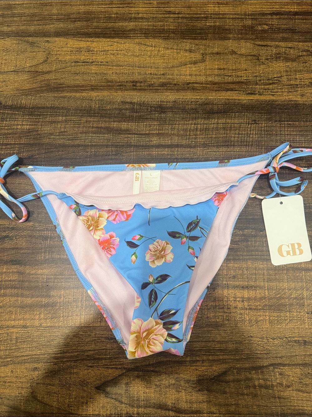 Gianni Bini Blue Floral Tie-Side Bikini Bottom with Pink Lining